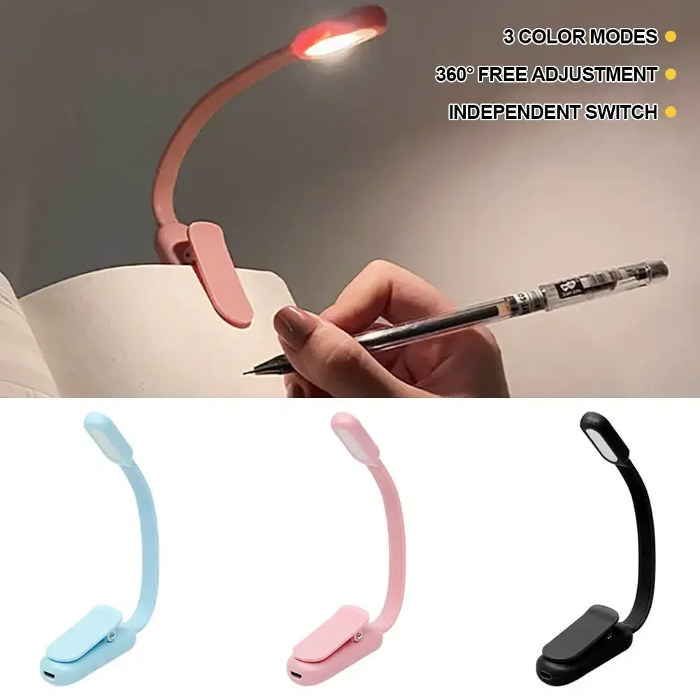 

USB мини-светодиодная книжная ночная 3-цветная лампа с регулируемой яркостью, клипса для учебы, лампа для чтения, перезаряжаемая для путешествий, спальни, чтения