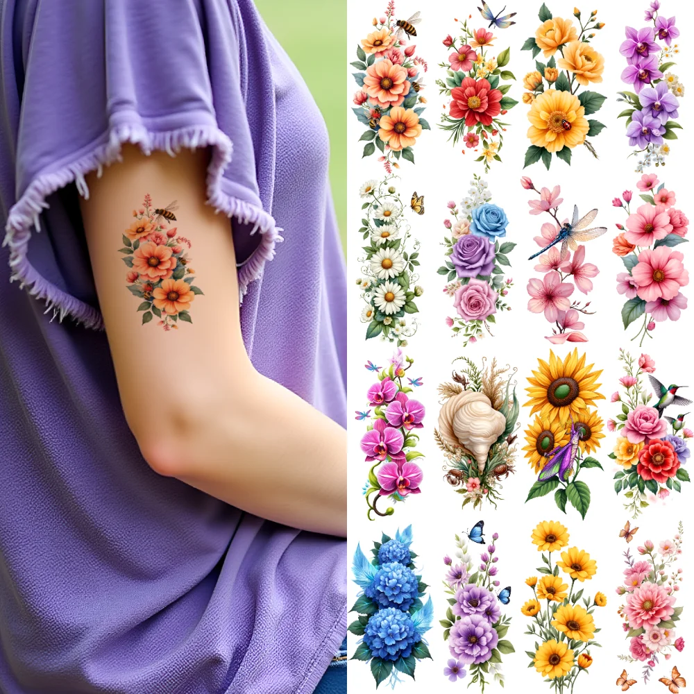 

9pcs Temporary Tattoo Orchid Colorful Dragonfly Butterfly Temporary Tattoo Stickers Blue Flowers For Male Back Arms