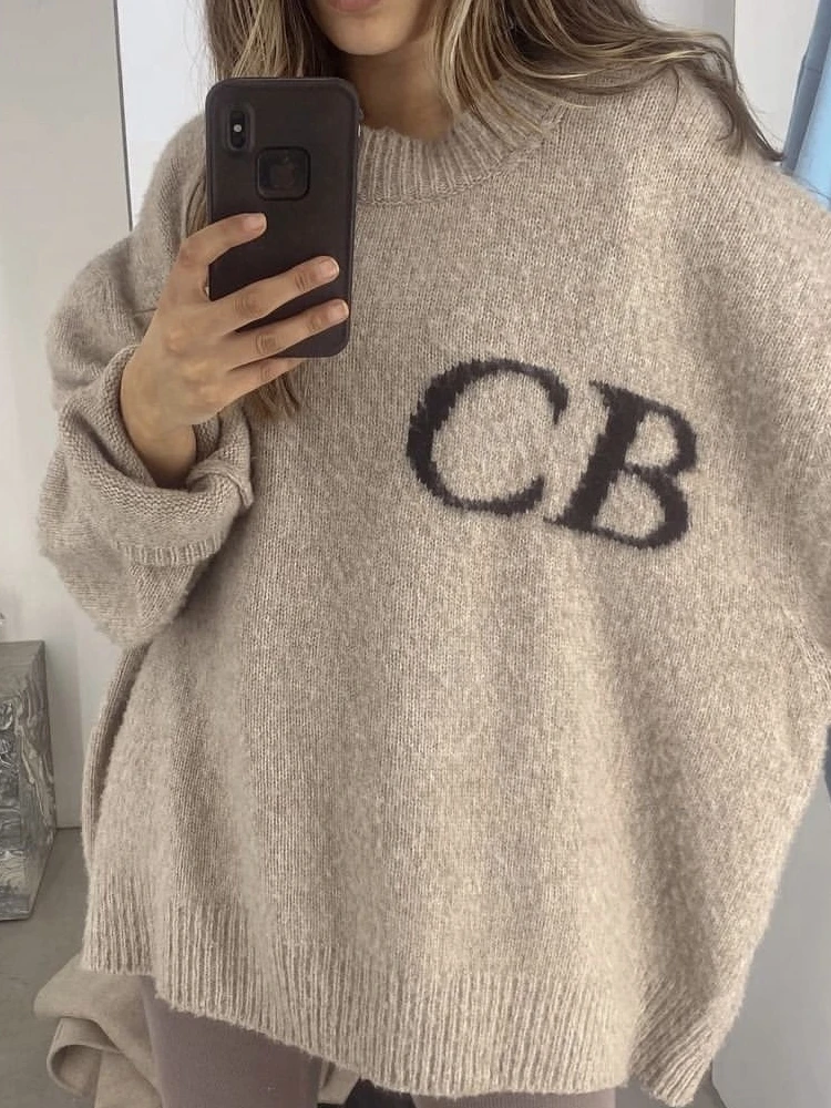 

Cole Buxton mat Letter Embroidery Loose Knitted Sweater round Ne High Street Sle Casual Long Sve Youth Faion