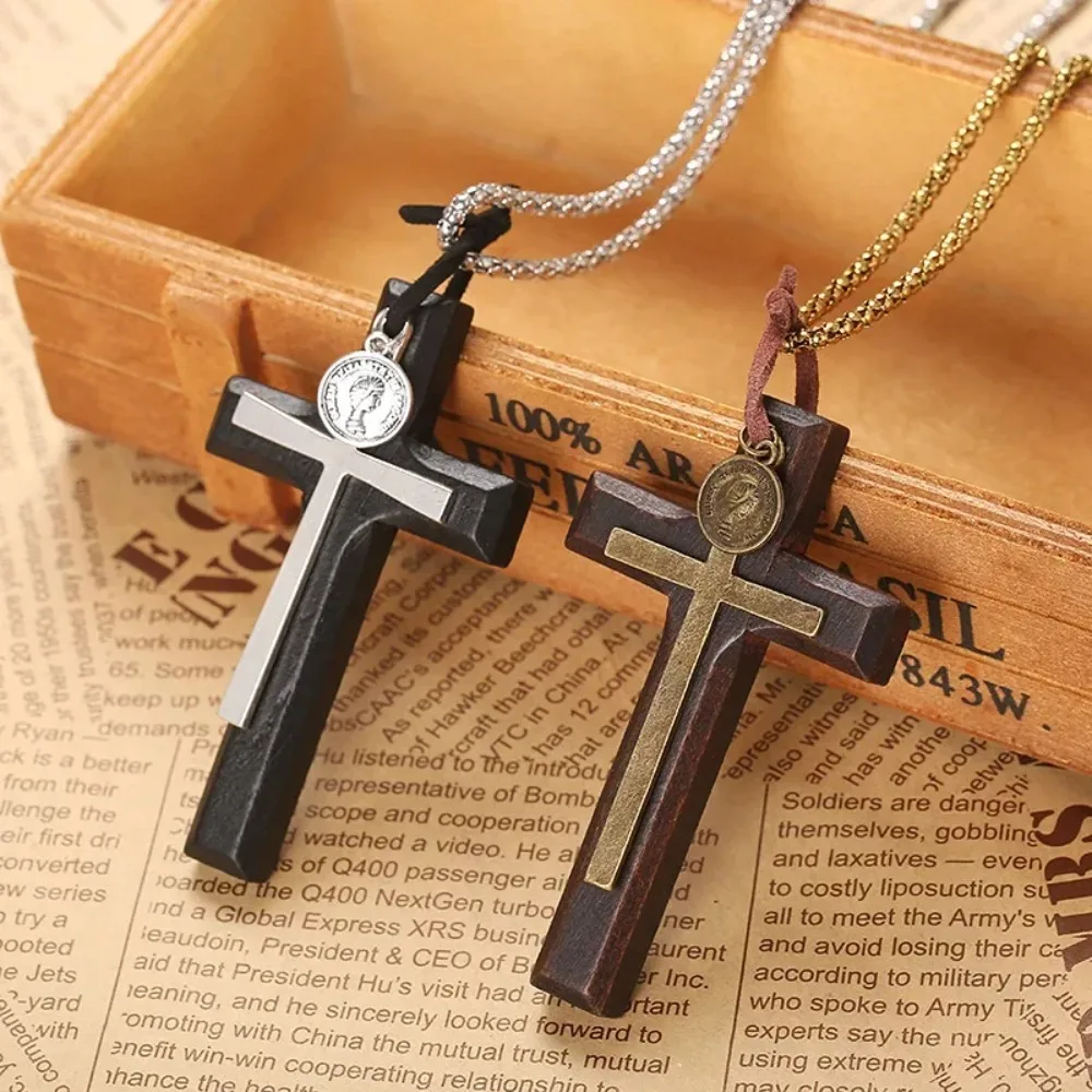 Retro Double-Layer Head Coin Wood Cross Necklace Pendants for Men Long Chain  Wooden Jewelry