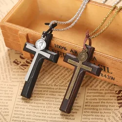 Retro Double-Layer Head Coin Wood Cross Necklace Pendants for Men Long Chain Wooden Jewelry