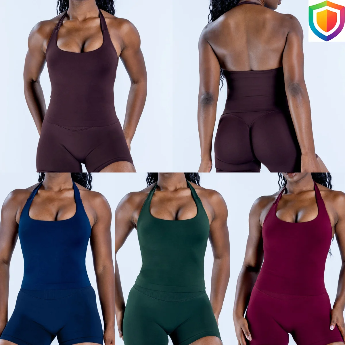 2PCS DF L0G0Women Halterneck Backless Yoga Set, Stretch Seamless Halter Top Scrunch High‑Waist Shorts Gym Workout Sports Outfits