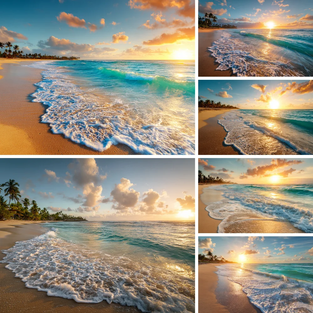 Sunset Beach Waves Backdrop for Photography Summer Holiday Ocean Seaside Blue Sky White Cloud Sand Photocall Photo Background