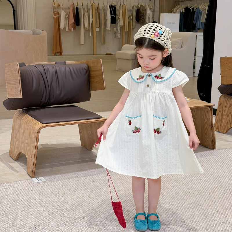 2026 Summer Hot Selling New Doll Collar Strawberry Cute Fresh Cotton Double-sided Pocket Dress