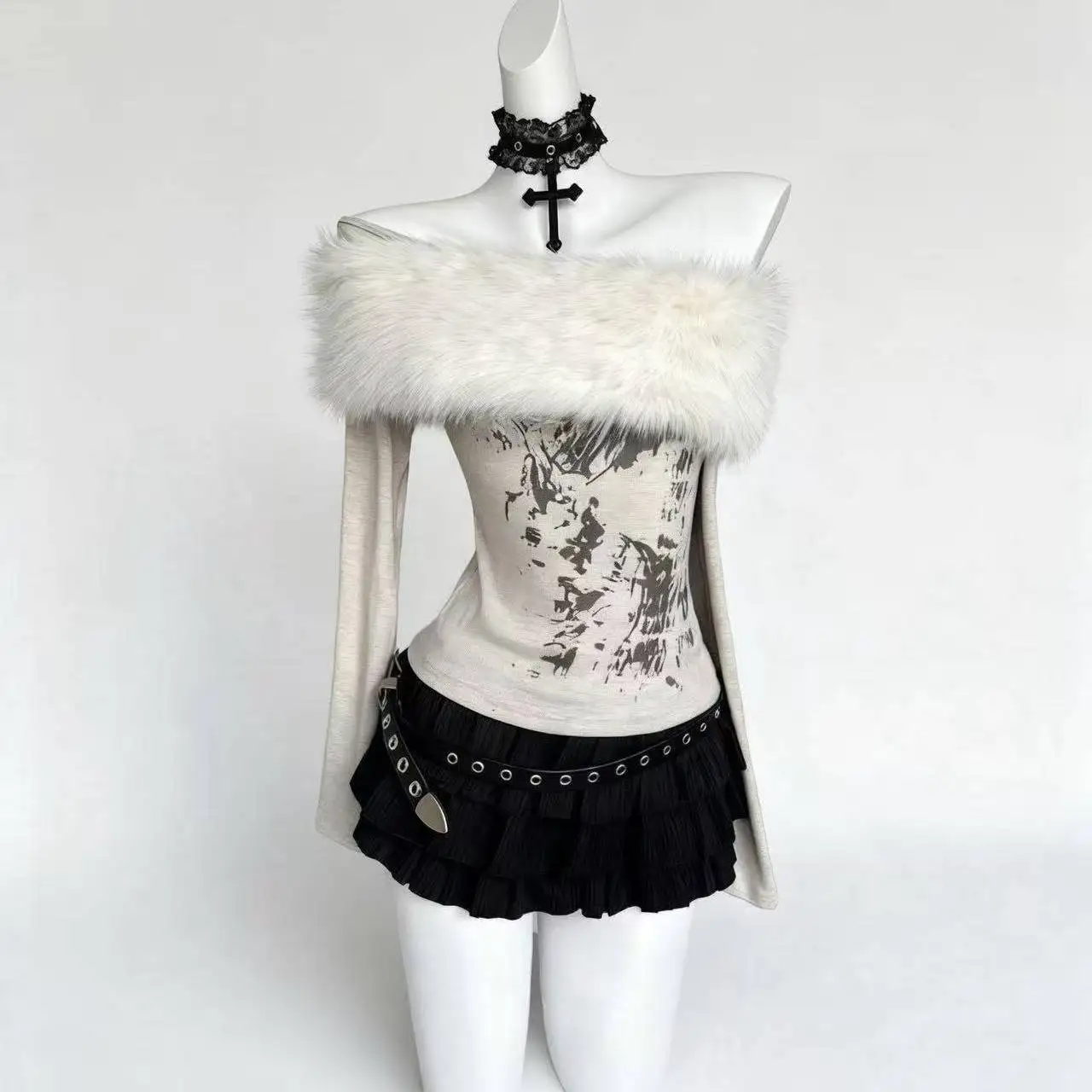 American Style Spicy Girl Faux Fur Tops Off Shoulder Long Sleeve Slim Fit Tops Woman Casual Sweet Korean Fashion Blouse