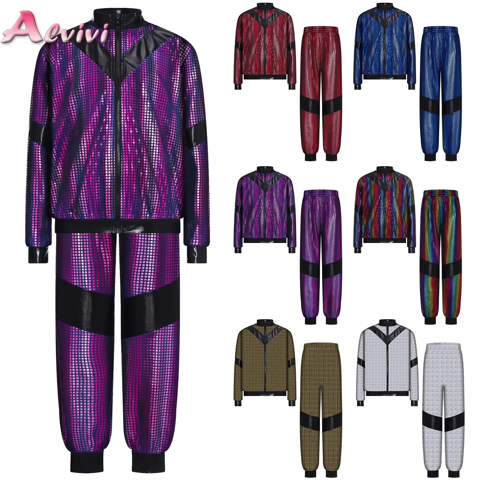 

Metallic Plaid Clothes Set for Kids Girls Children Hip Hop Jazz Dancewear Long Sleeve Jacket+Pants Outfit for Street Dance Stage