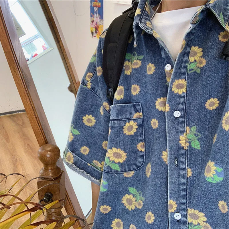 2024 Summer Men Vintage Denim Shirts Short Sleeve Floral Printed Blouse Casual Loose Male Jean Coats Single-breasted Pocket Tops