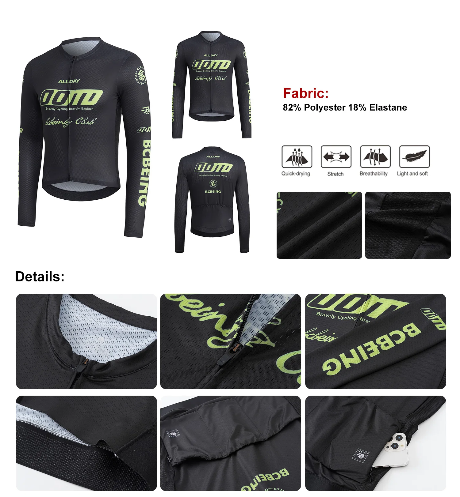 BCBE-ING Radtrikot Langarm Hochwertige Profi-Team-Rennpassform Fahrradtrikot Atmungsaktives Netzgewebe Rennrad-Shirts Tops – Detail 2