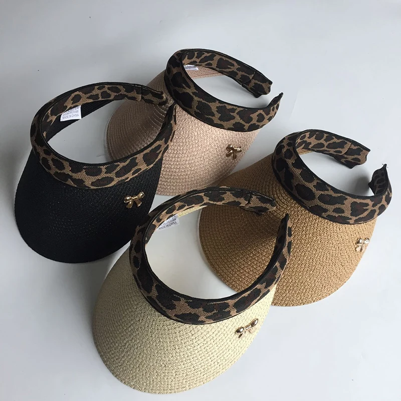 2019 New Woman\'s Sun Hats Female Leopard Bowknot Visor Caps Hand Made DIY Straw Summer Cap Casual Shade Hat Empty Top Hat Beach