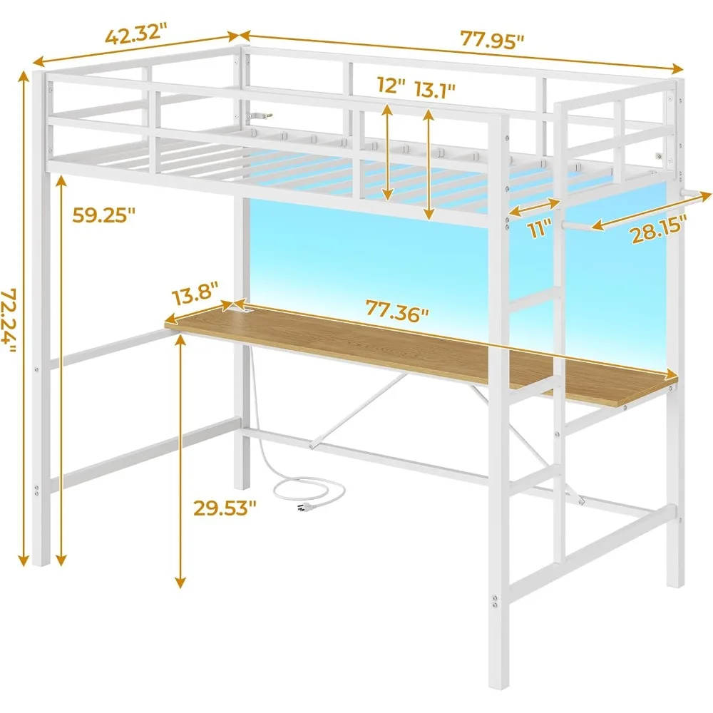 Size with Led Lights Metal Twin Loft Bed Frame with Full-Length Guardrail and Stair for Junior, Heavy Duty Metal Slats Support