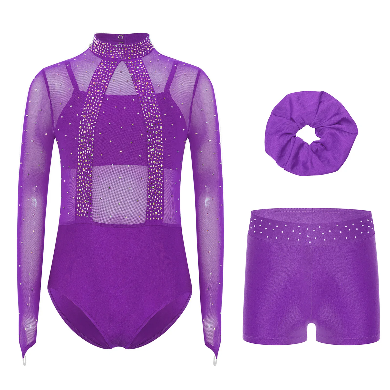 

4Pcs Kids Girls Gymnastics Dance Costumes Sheer Mesh Bodice Shiny Rhinestone Leotard+Spaghetti Straps Camisole+Shorts+Hairband