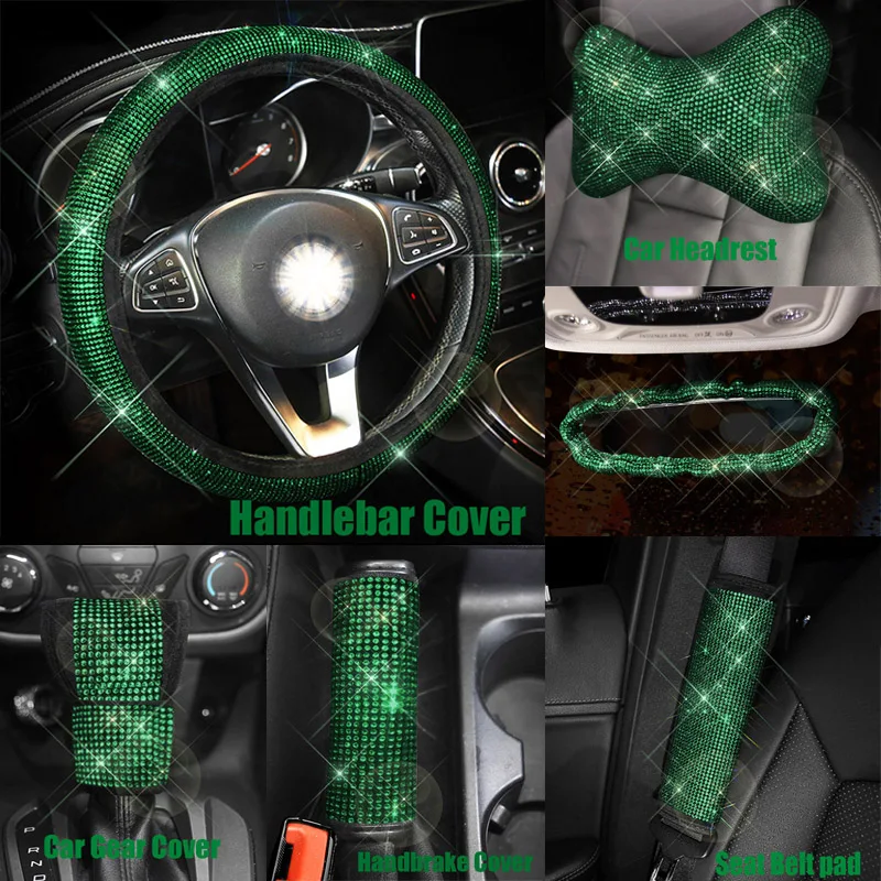 Crystal Rhinestone Green Diamond Car Steering Wheel Covers Auto Interior Decoration Car Seat Cover Accessories For Ladies Gift