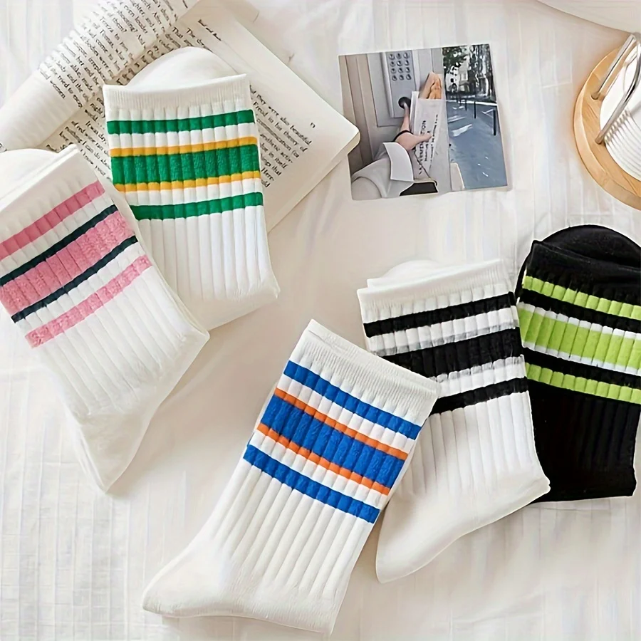 

5 Pairs Fashion Striped Mid-Crew Socks & Tights, Soft Comfortable Sports Socks for Women's Athletic Wear