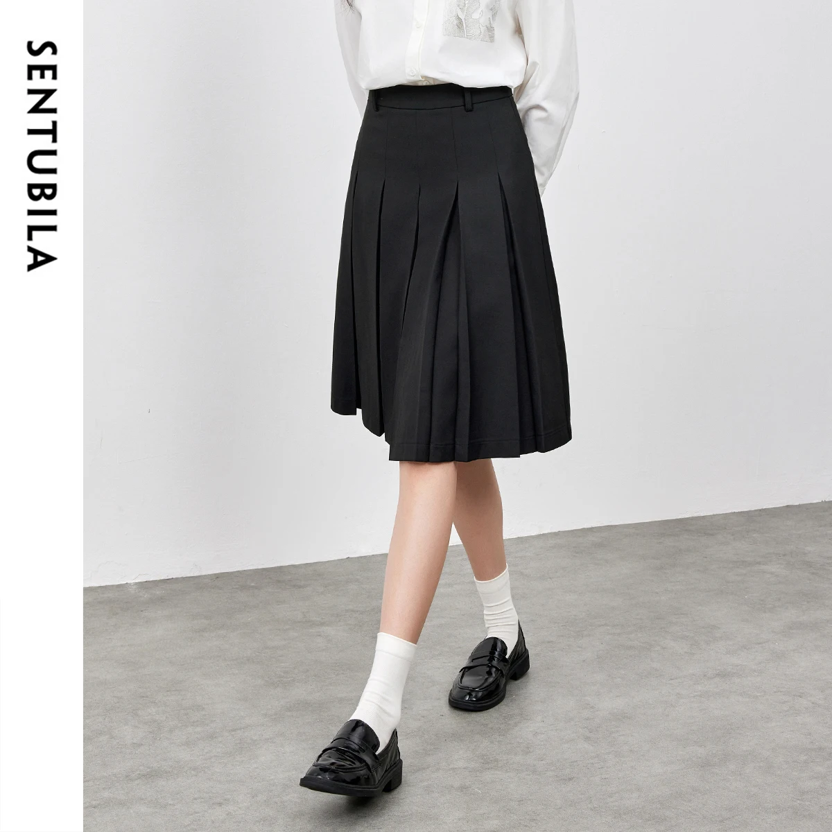 SENTUBILA Black Pleated Skirt Women's Clothing Trend 2025 Preppy Style Commute Mid-length Slit Skirts Summer Skirt 152Q58611