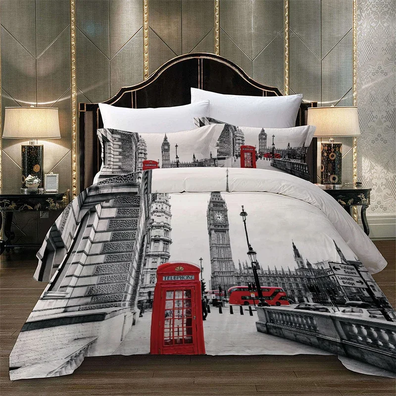 Paris Tower London City Scenery Big Ben Red cabina telefonica Bus Print Bedding Set copripiumino trapuntato + federa US AU EU Size