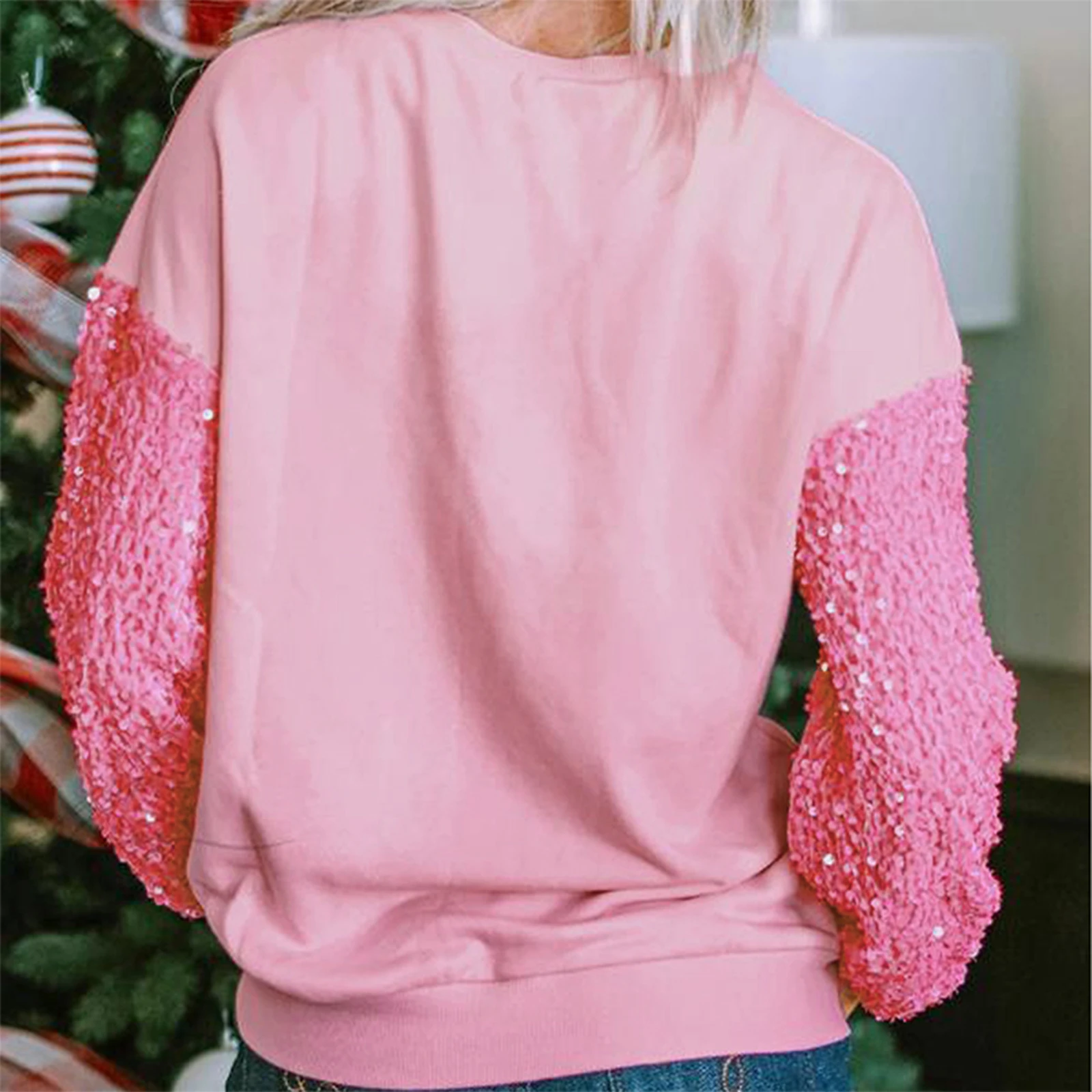 Women s Christmas Loose Pullover Sparkle Sequin Long Sleeve Crew Neck Soldier Printed Sweatshirt