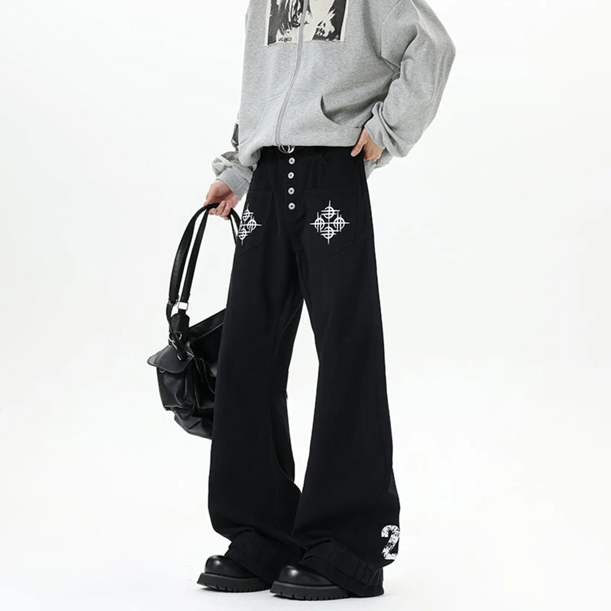 

Korean Style Men'S Printed Jeans With Retro Buckle Double Legs Fashion High Street Casual Wide Leg Pants For Spring And Summer