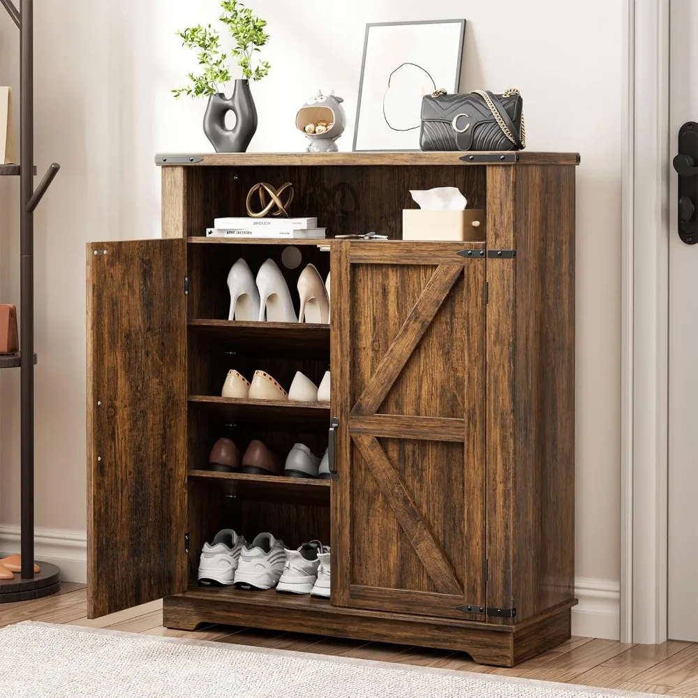 

6-Tier Shoe Cabinet with Doors, Entryway Shoe Rack Wooden Shoe Storage with Adjustable Shelves & Anti-tip Fitting, Farmh