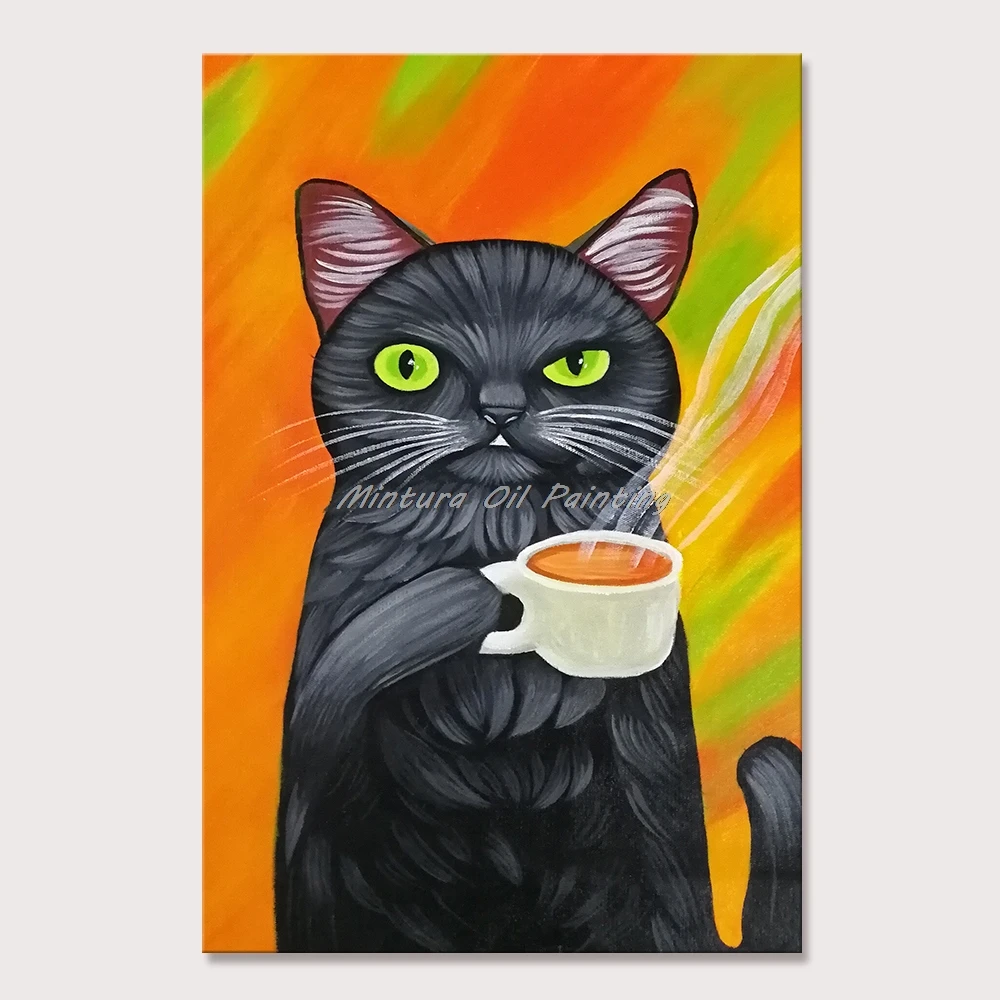 

Mintura Wall Picture for Living Room Handpainted Oil Paintings on Canvas,Black Cats Drinking Coffee,Home Decor Wall Art,No Frame