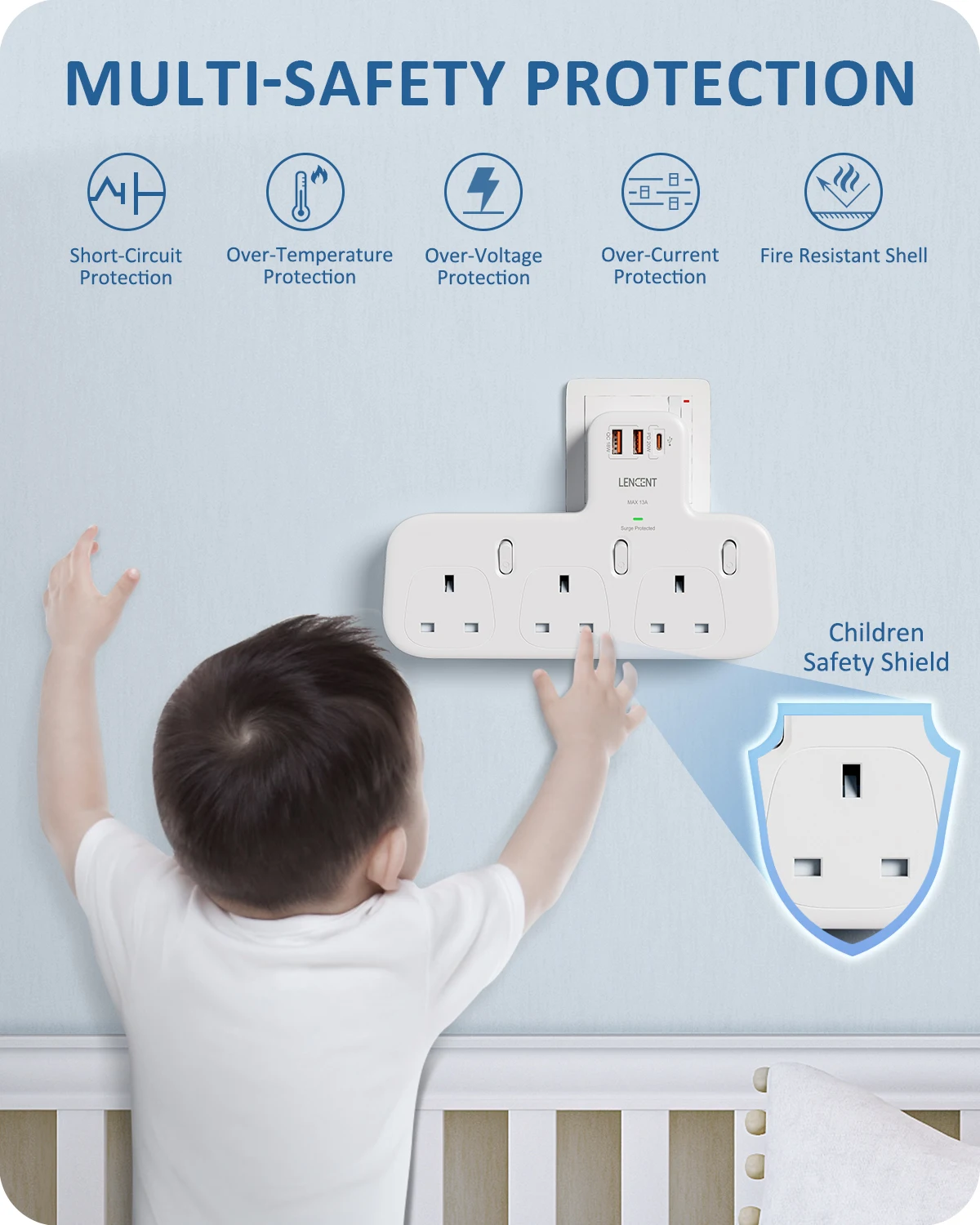 LENCENT UK Plug Wall Socket Extender with 3AC Outlets +PD 20W USB-C+2 USB-A QC 3.0 Surge Protected  Adapter with Switch for Home