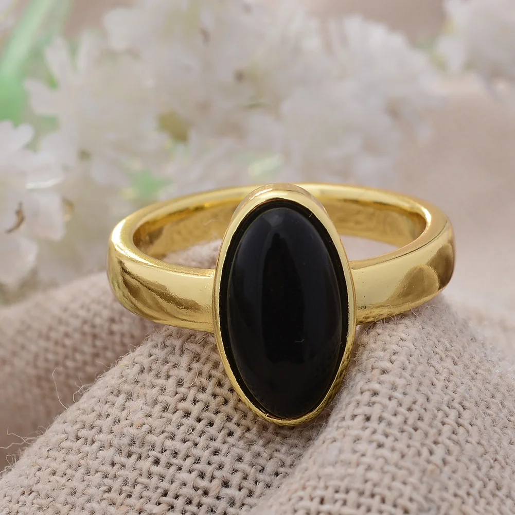 New Arrival Yellow Gold Color Fashion Black Rhinestone Oval Design Ladies Finger Rings Promotion Jewelry For Women Gifts