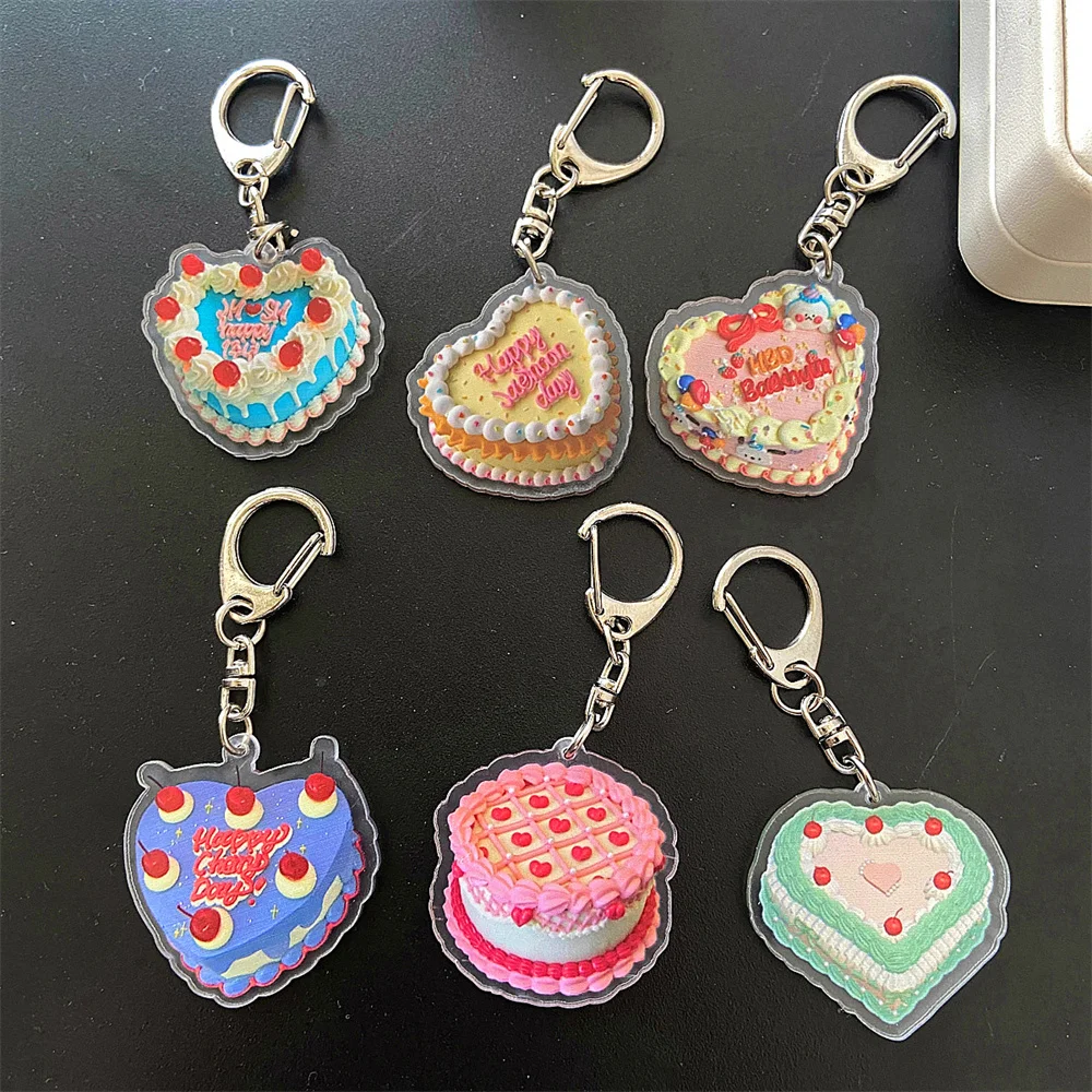 Vintage Colored Birthday Cake Key Holder Acrylic Kawaii Backpack Zipper Airpods Decorative Pendant Car Kapling Keychain Toy Gift