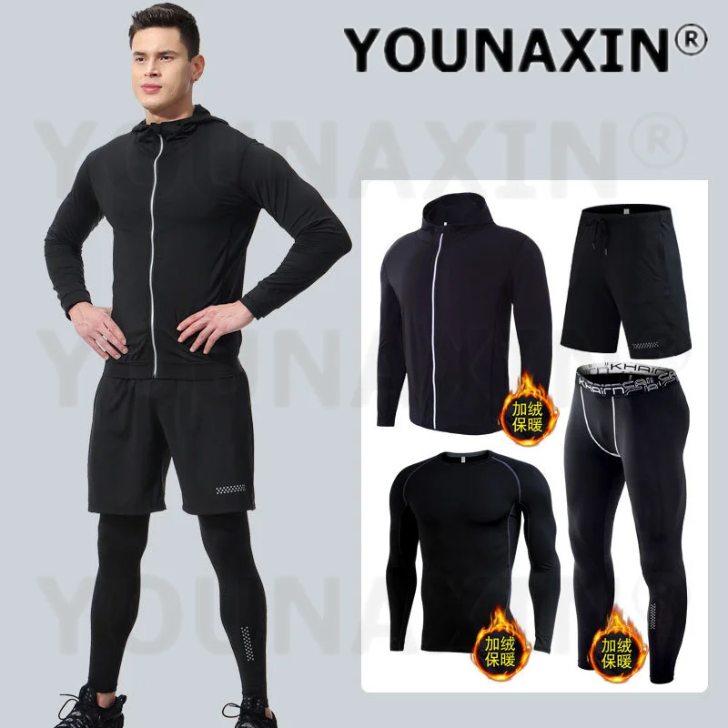 طقم ملابس لياقة بدنية للرجال مكون من 4 قطع، ملابس شتوية حرارية دافئة مرنة سريعة الجفاف، ملابس رياضية لكرة السلة والجري واليوجا #3