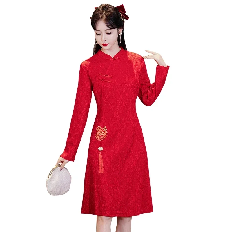 

Modern New Chinese Women Clothing New Year Stage Performance Improved Red Cheongsam Mom Embroidered Long Sleeve Qipao Dress