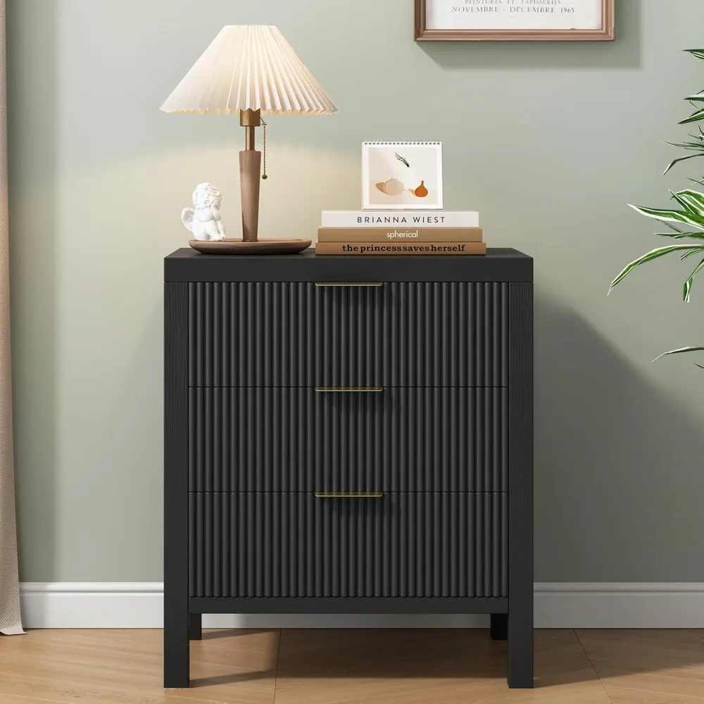 

End Table with Storage, Wooden Farmhouse Nightstands with 3 Drawers, Bedside Table - Boho Tall Side Table Accent for Bedroom