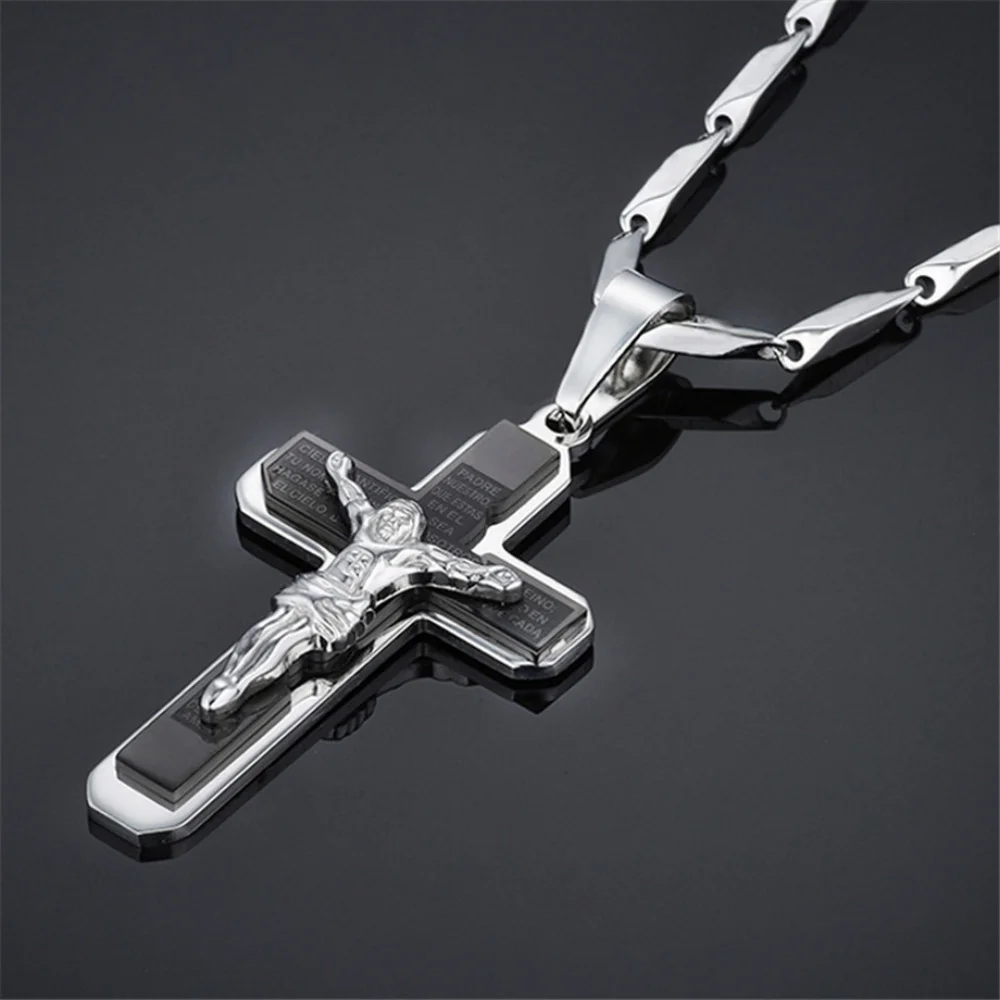 Collar grande con colgante de Cruz para hombre, pieza negra de la Biblia de Jesús, crucifijo de Cristo masculino, colgante de acero inoxidable