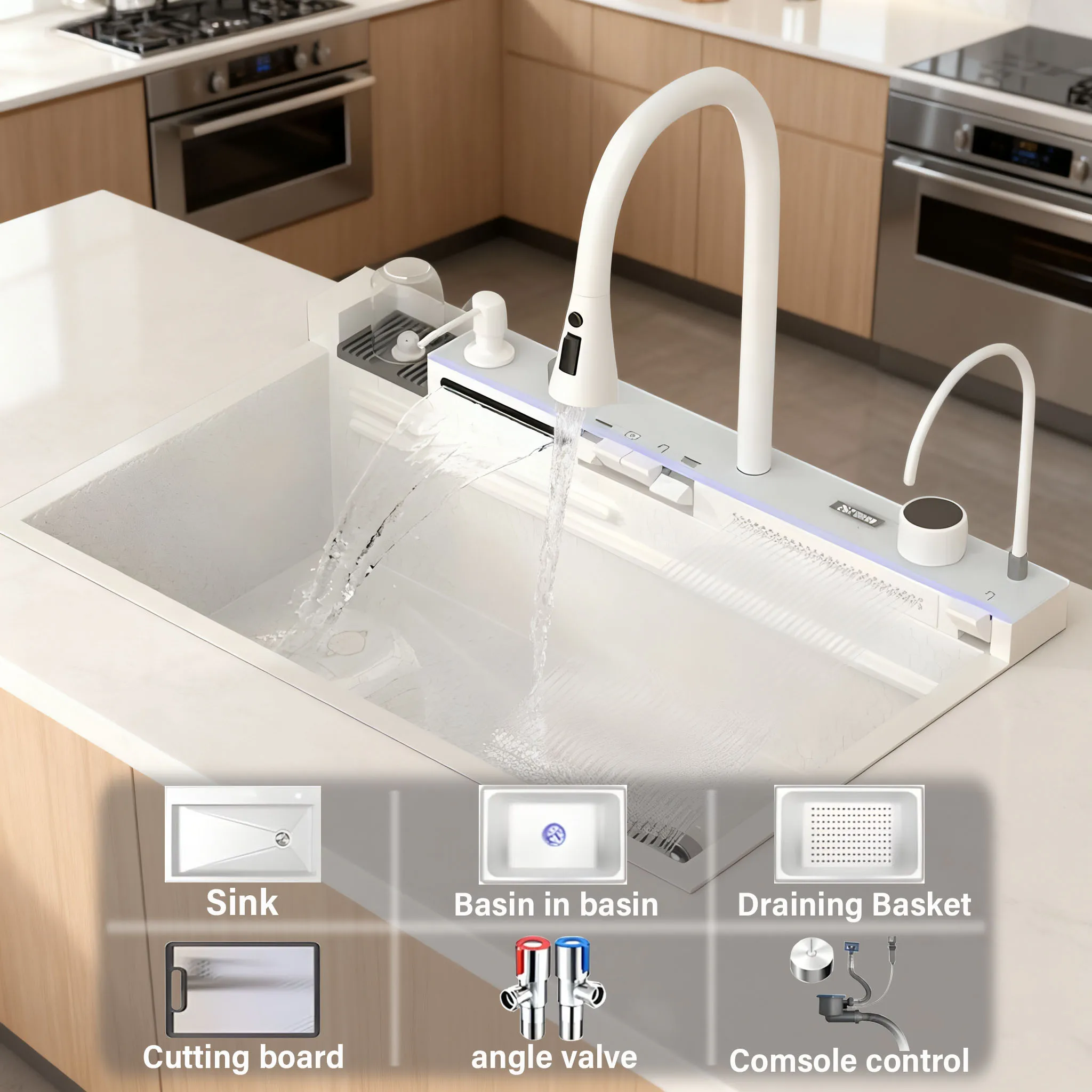 

High-tech stainless steel sink single bowl white sink digital waterfall faucet single bowl smart Multifunctional kitchen sinks