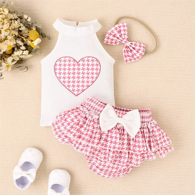 Adorable Baby Girl 3-Piece Summer Set with Sleeveless Heart Embroidery Tank Top Shorts and Matching Headband - Cute Infant