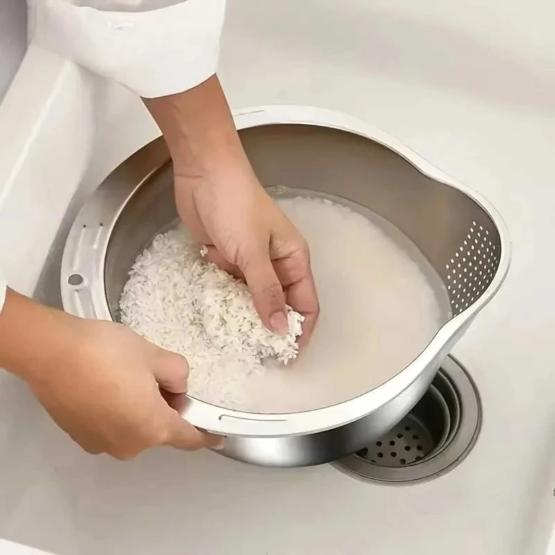 Rustproof Stainless Steel Rice Washer Colander Strainer Bowl Pasta Quinoa Berry Fruit Veggie Washing Meal Prep Kitchen Tools