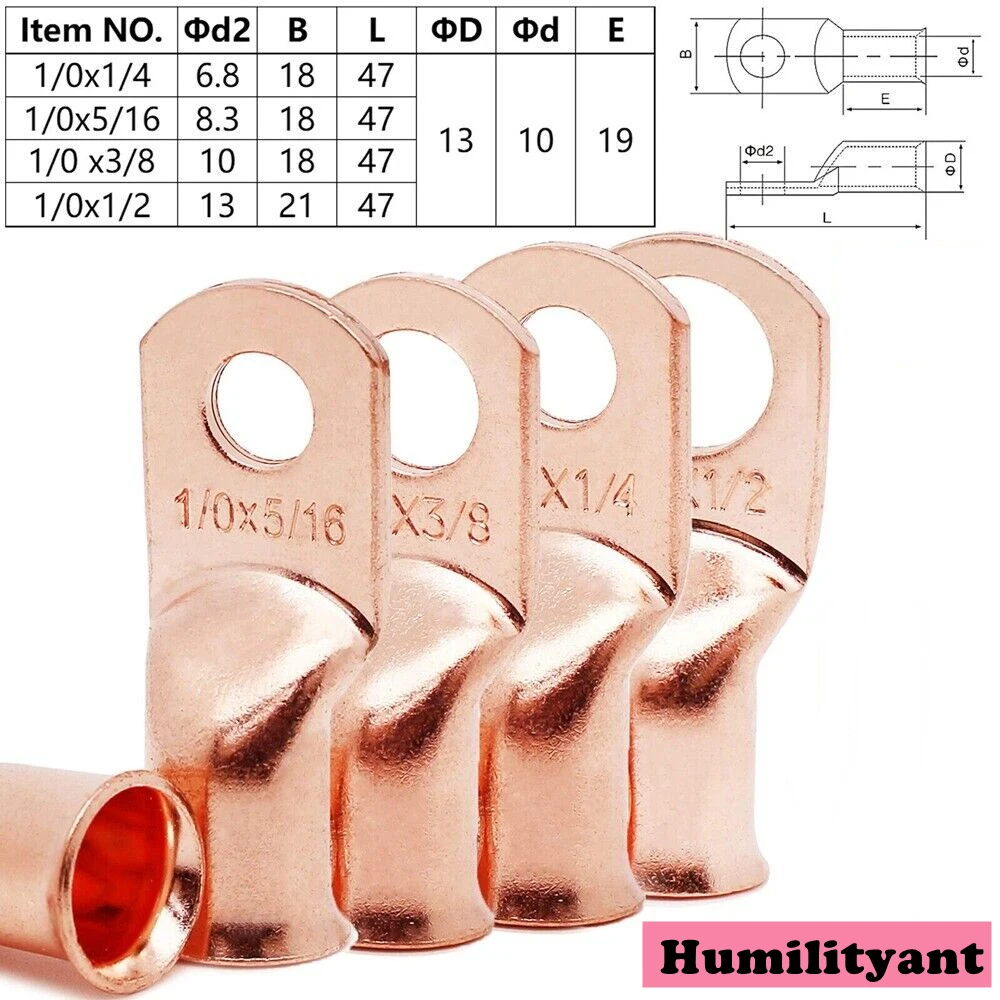 

25/10PCS 1/0 AWG 3/8" 5/16" 1/4" 1/2" Bare Copper Cable Wire Lugs Ring Crimp Terminal Wire Connectors