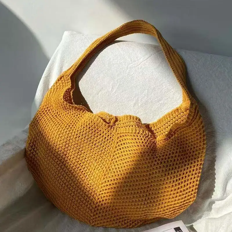 Fashion Women's Hollow Woven Shoulder Bags Large Capacity Knitting Underarm Bag Solid Crochet Tote Handbag Summer Mesh
