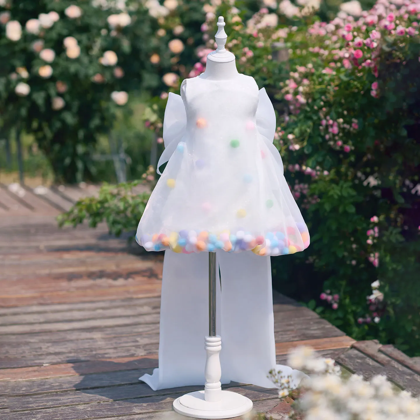 Jill Wish J913 Luxury White Flower Girl Dress with Colorful Pom Pom Hem and Oversized Back Bow Train for Birthday Party Wedding