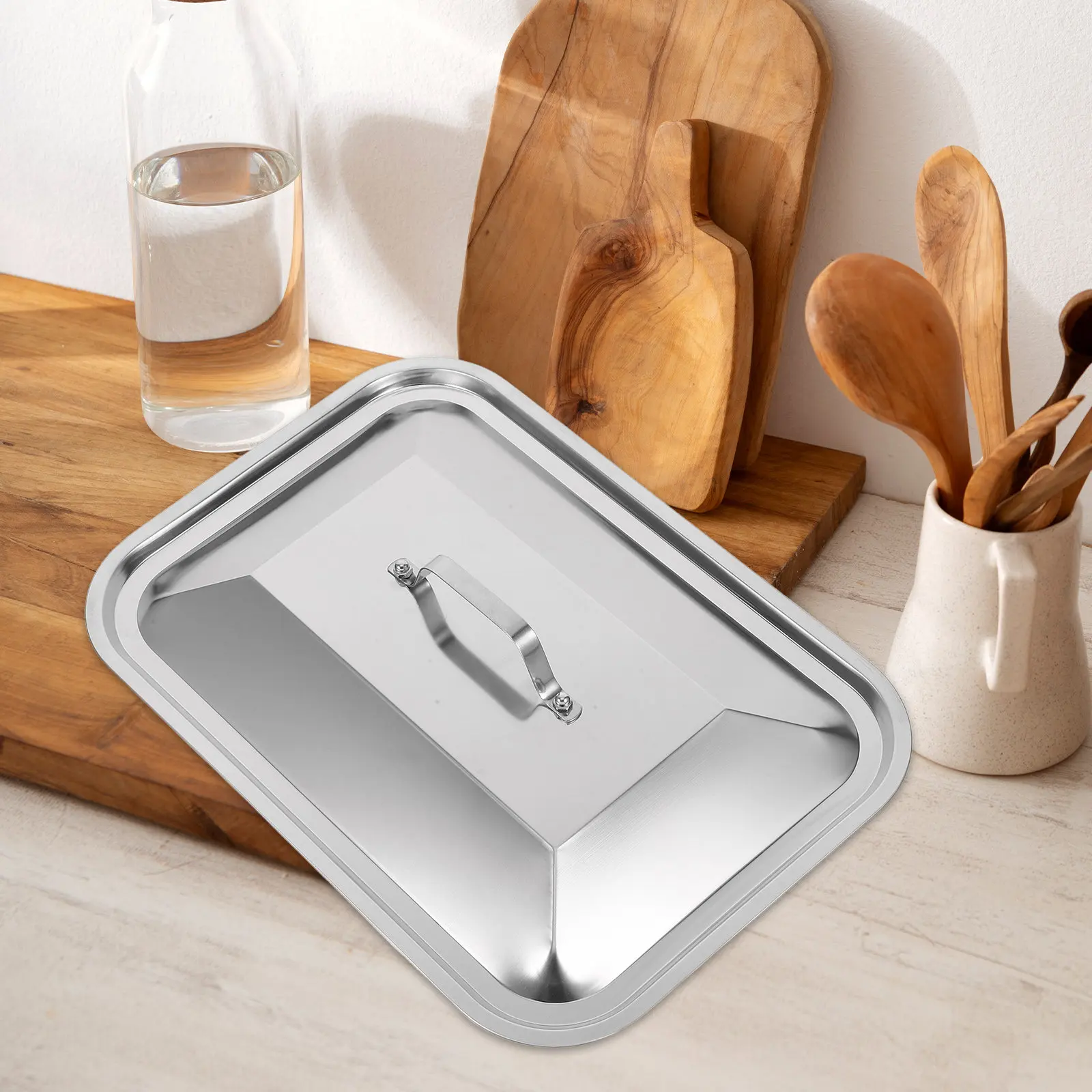 Stainless Steel Rectangular Fish Baking Pan Cover with Handle Dishwasher Safe Oil Splash Prevention for Home Picnics Bbq Buffet