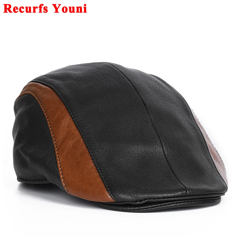 Gatsby Hat Men Male Genuine Leather Patchwork Retro British Style Beret Hombre Painter Caps Unisex Duckbill Botton Fitted Bonnet