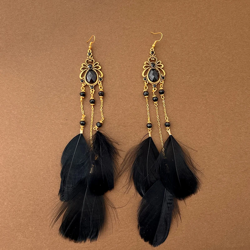 Schwarze Serie Bohemian Vintage Ethnische Baumeln Ohrringe für Frauen Dame Elegante Lange Quaste Feder Ohrring Weiblichen Schmuck – Detail 15