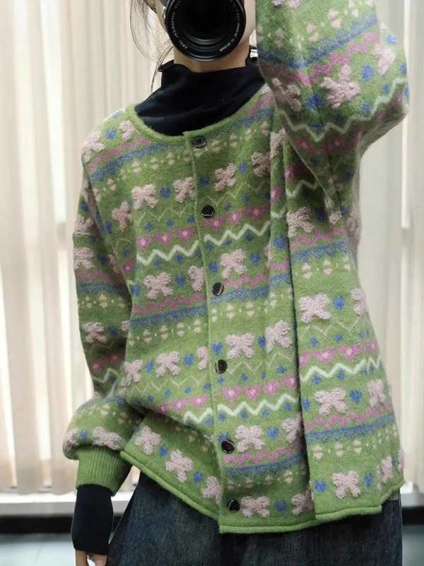 

Sweet 3D Knitted Cotton Sweater Large Size Loose Fit Winter Faion Floral Embroidery Women's Sle Retro Thiened ort Coat