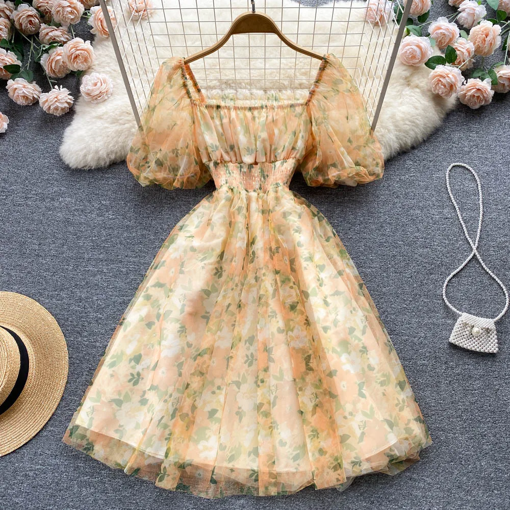 2025 New French Chic Floral Printed Cake Dress Woman Square Collar Short Puff Sleeve Sweet Women's Elastic High Waisted Dresses