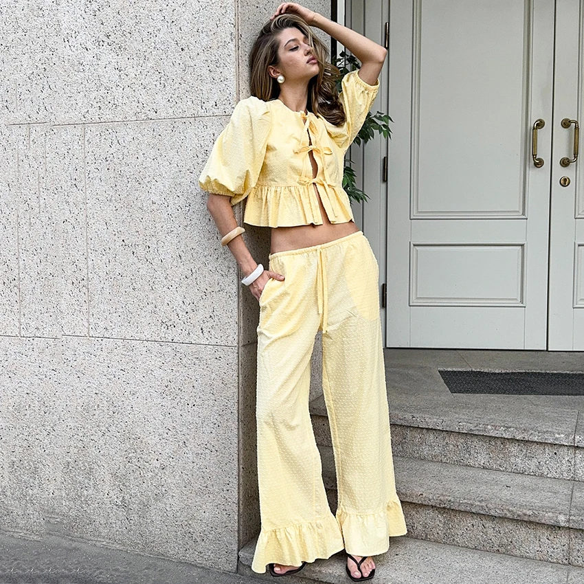 

Linad Casual Drawstring Trousers Outfits Spring Vintage Crop Top Lace Up Blouse With Ruffles Wide Leg Pants 2 Piece Sets 2026