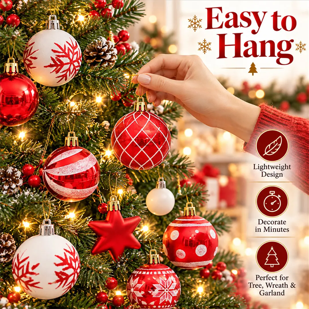 42 Pcs Christmas Ball Ornaments Set Red White 6cm Shatterproof Plastic Xmas Tree Baubles Hanging Decor for Holiday Party Home Garden Navidad view 4