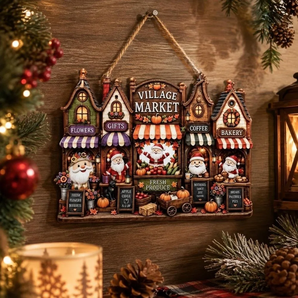 2D Flat Print Christmas Wooden Decoration Sign Santa Claus Cottage Shape Christmas Hanging Sign Snowman Rustic Style Wall Decor
