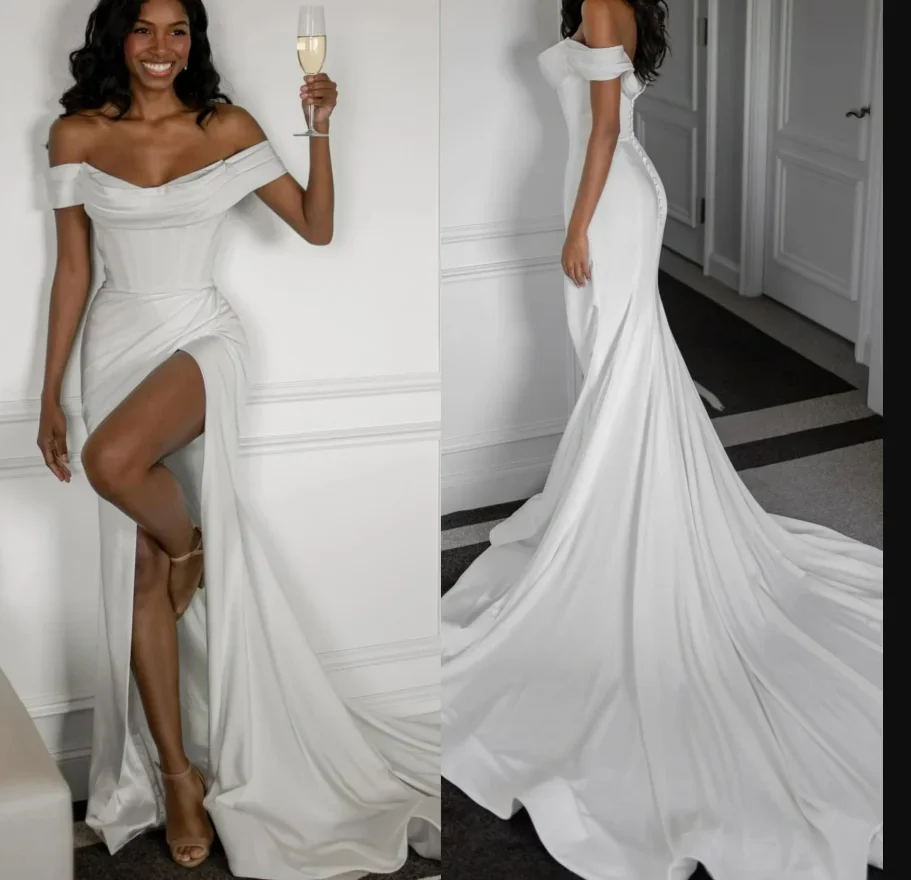 Elegant Mermaid Satin Pleated Women's Wedding Dress Sexy Round Neck Slit Ball Beach Bride Dress Vestido De Novia Customized