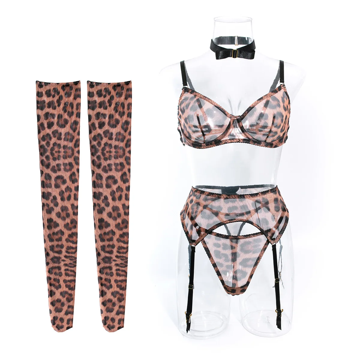 CHUANGERM Leopard Erotic Lingerie Sexy Underwear Six-piece Push-up Bra with Pantyhose Set Porno Costume Sexy Onlyfans Women Open