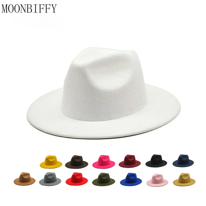 Autumn Winter Womens Felt Hat Fedoras Big Brim Hats for Women British Style Vintage Church Hats Lady Flat Brim White Jazz Cap