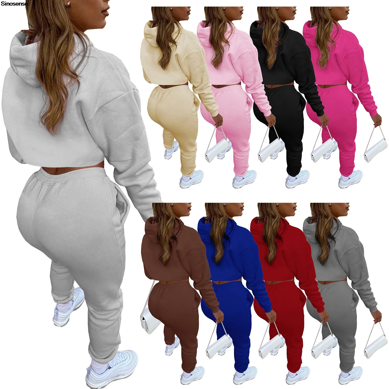 Women Fleece 3 Piece Sets Long Sleeve Crop Top Hoodie+Tank Top+Drawstring Long Pants Sweatsuit Outdoor Activities Sports Outfits