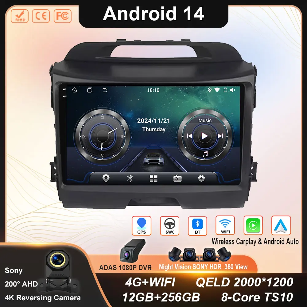 Android 14 Carplay Auto For Kia Sportage 3 2010 2011 2012 2013 3014 - 2016 Car Radio MultimediaPlayer GPS Stereo Video 4G WiFi