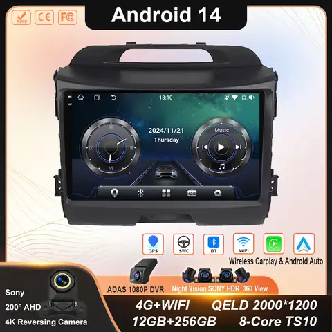 안드로이드 14 Carplay Auto For Kia Sportage 3 2010 2011 2012 2013 3014 - 2016 차량용 라디오 멀티미디어 플레이어 GPS 스테레오 비디오 4G WiFi